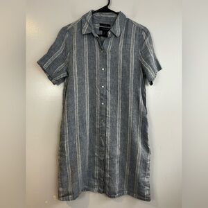 Tahari Chambray 100% Linen Striped Button Down Shirt Shift Dress Size Small